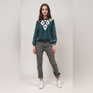 Vintage Lady  Footlocker Sweater Cotton Embroidered Flowers Teal White Pink S M